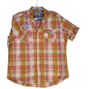 SBS Super Bad Shirt Button Up Mens XL Top Mustard Seersucker Flap Pockets Top